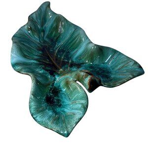 Blue Mountain Pottery Dish Leaf Shaped Candy Trinket Green Drip Glaze 14 x 10"